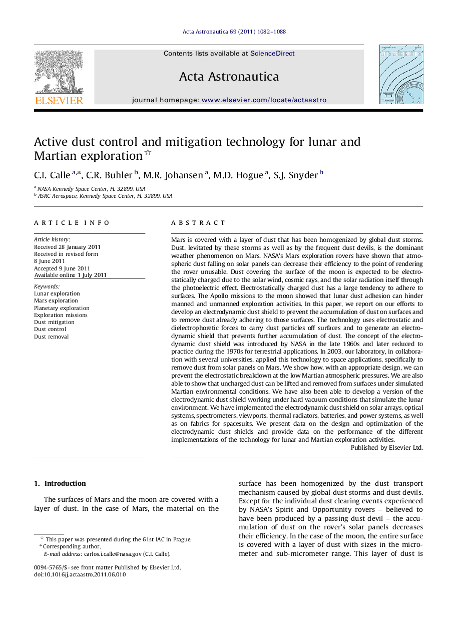 Active dust control and mitigation technology for lunar and Martian exploration 