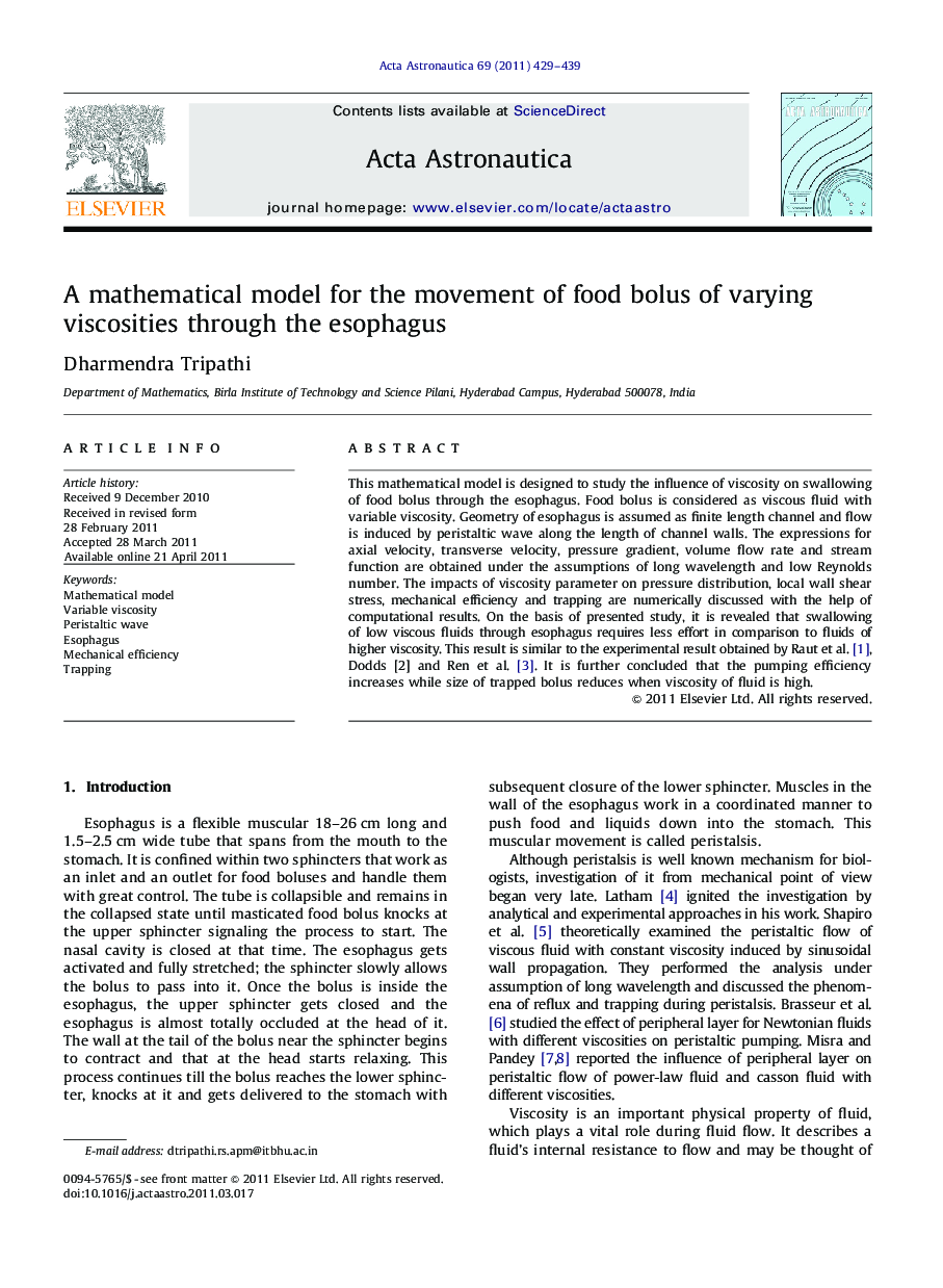 A mathematical model for the movement of food bolus of varying viscosities through the esophagus