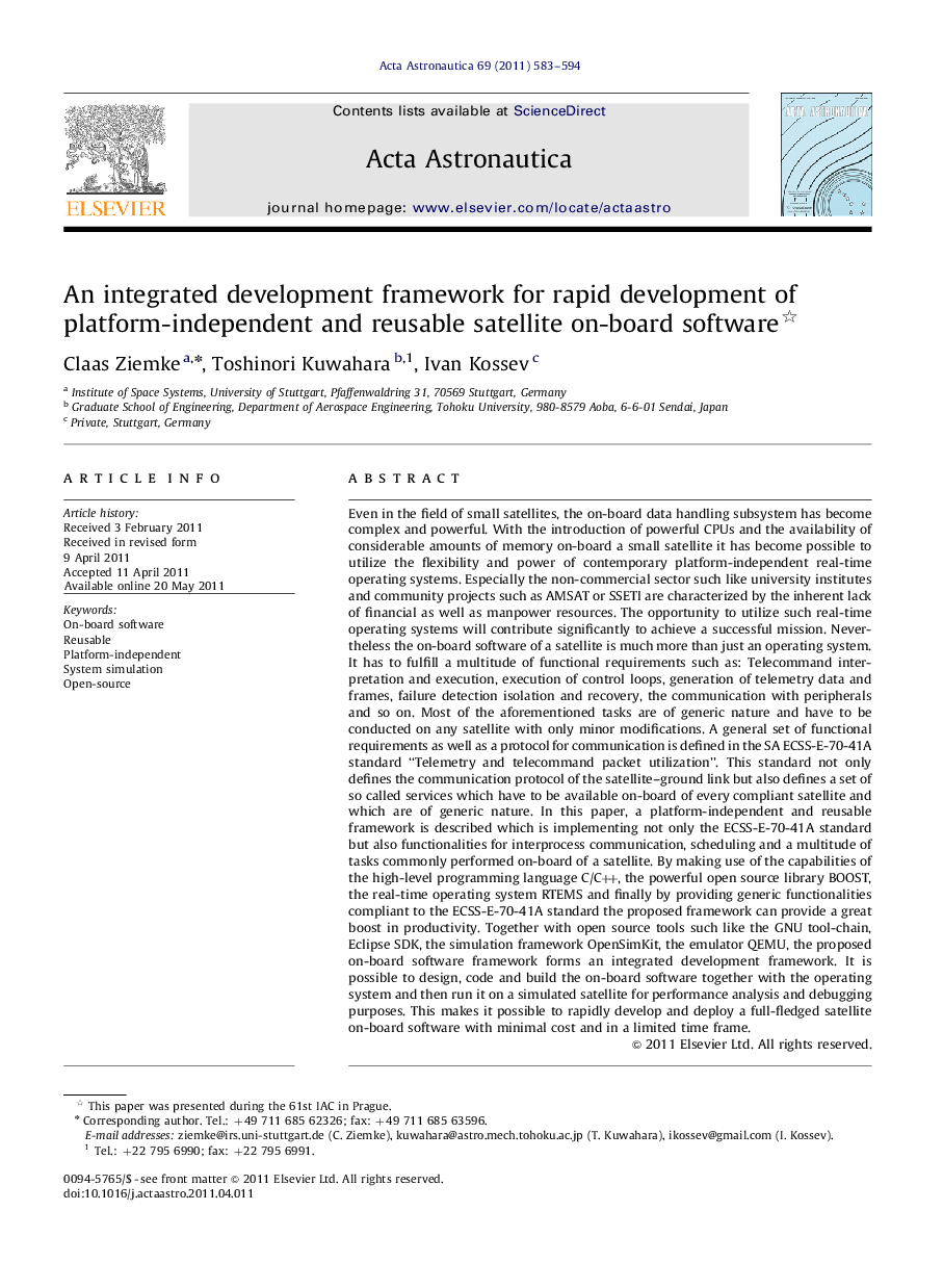 An integrated development framework for rapid development of platform-independent and reusable satellite on-board software 