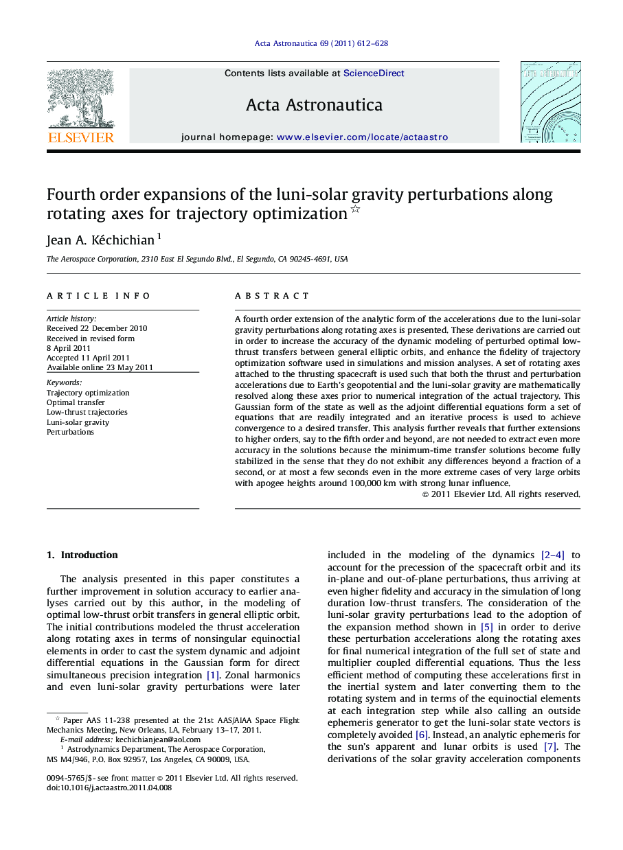 عکس صفحه اول مقاله: Fourth order expansions of the luni-solar gravity perturbations along rotating axes for trajectory optimization Fourth order expansions of the luni-solar gravity perturbations along rotating axes for trajectory optimization