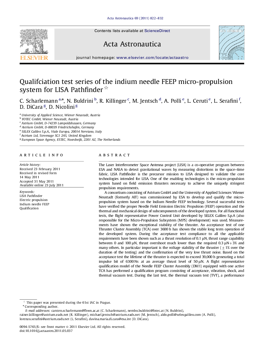 Qualifciation test series of the indium needle FEEP micro-propulsion system for LISA Pathfinder 