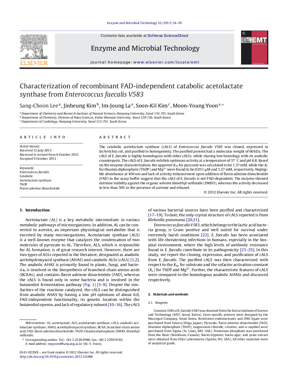 Characterization of recombinant FAD-independent catabolic acetolactate synthase from Enterococcus faecalis V583