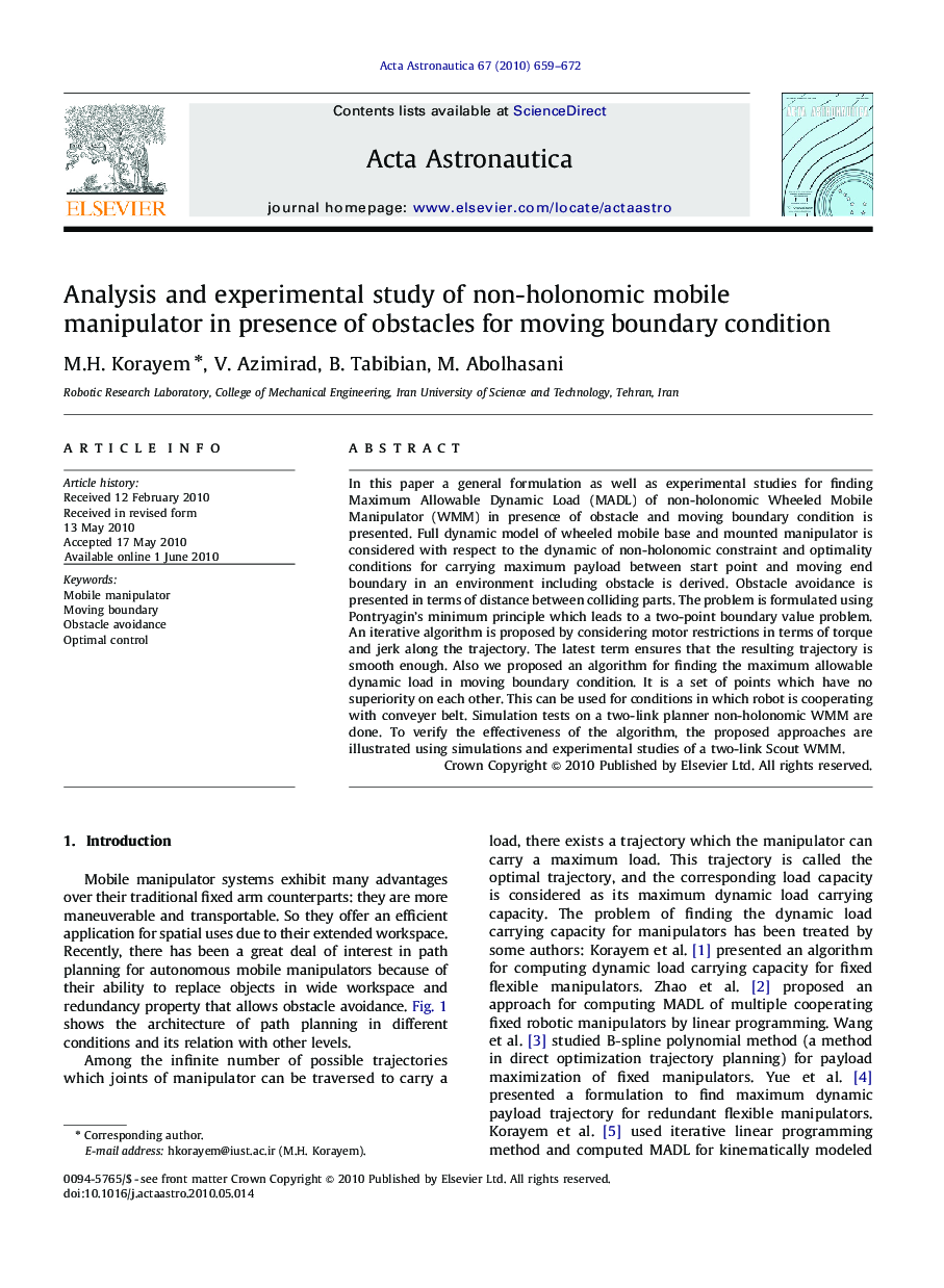 Analysis and experimental study of non-holonomic mobile manipulator in presence of obstacles for moving boundary condition