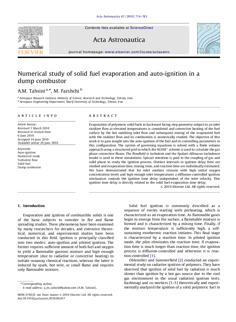 Numerical study of solid fuel evaporation and auto-ignition in a dump combustor