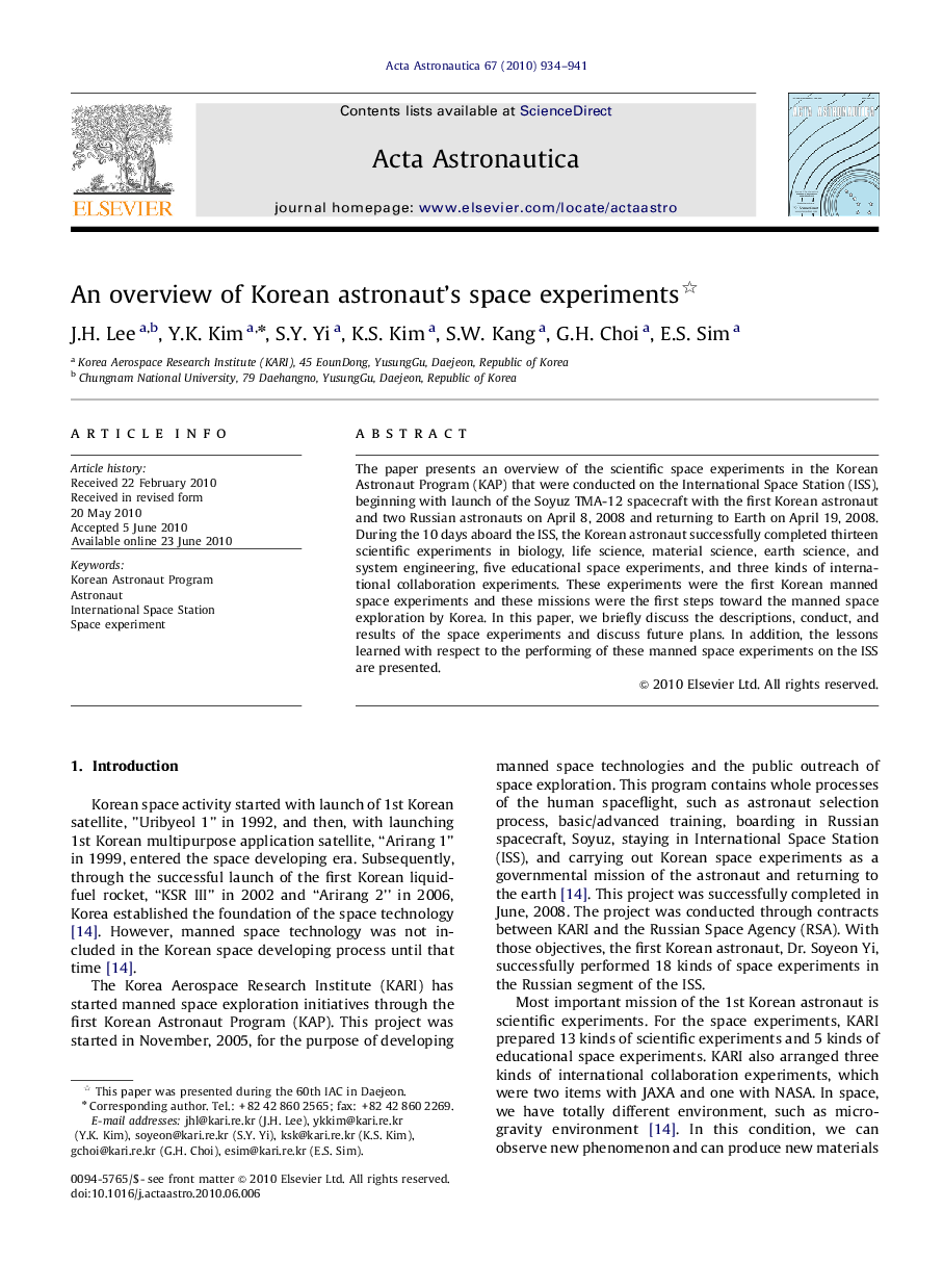 An overview of Korean astronaut’s space experiments 