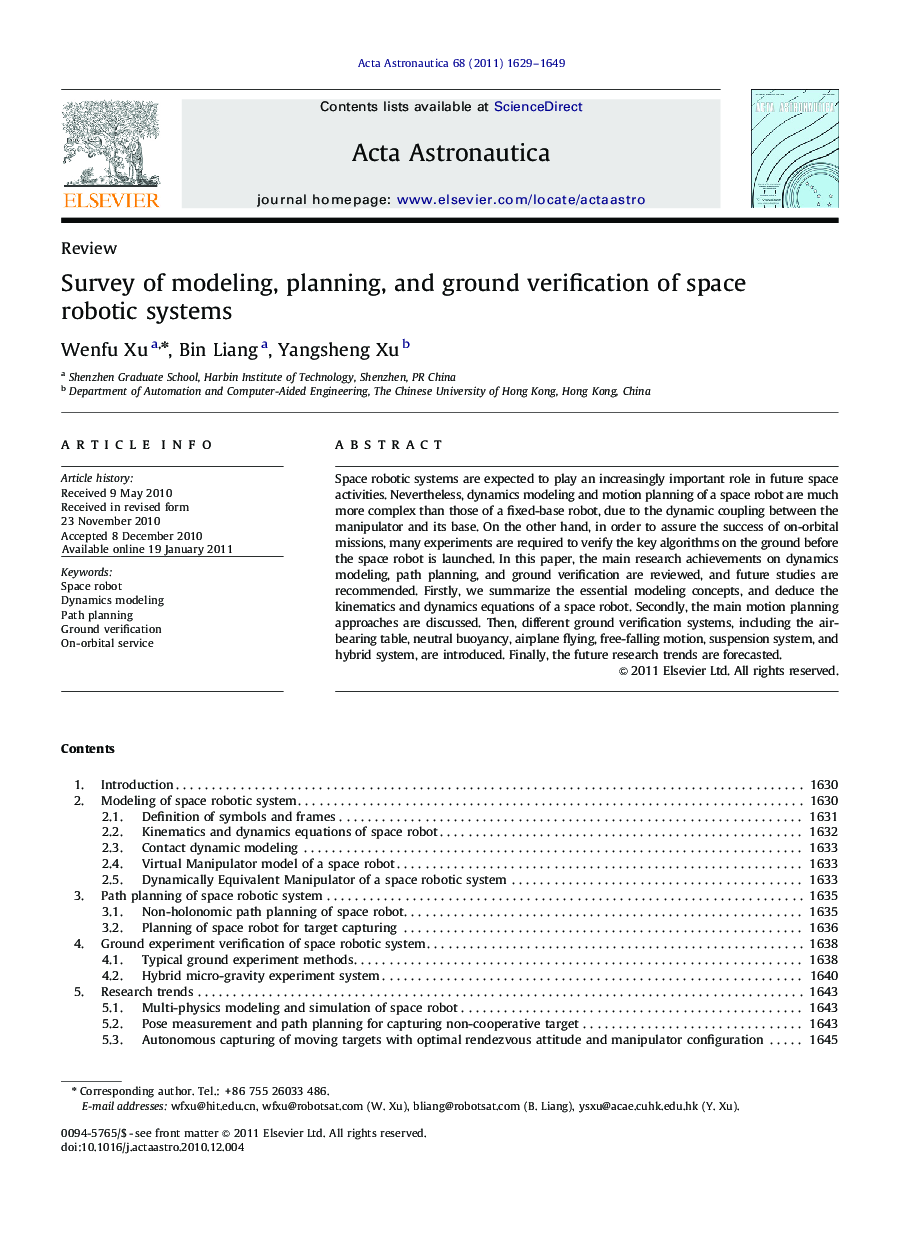 Survey of modeling, planning, and ground verification of space robotic systems