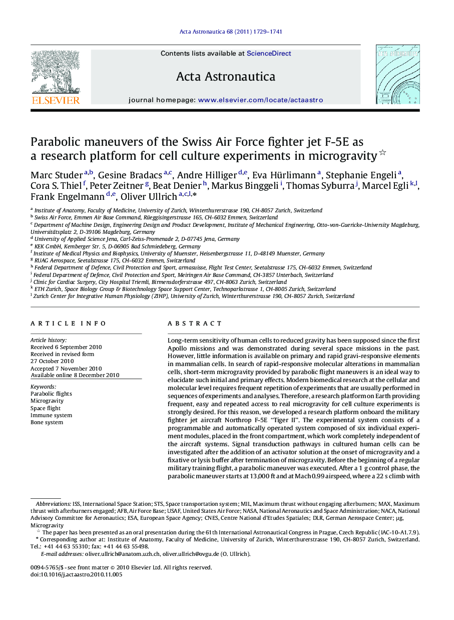 Parabolic maneuvers of the Swiss Air Force fighter jet F-5E as a research platform for cell culture experiments in microgravity 