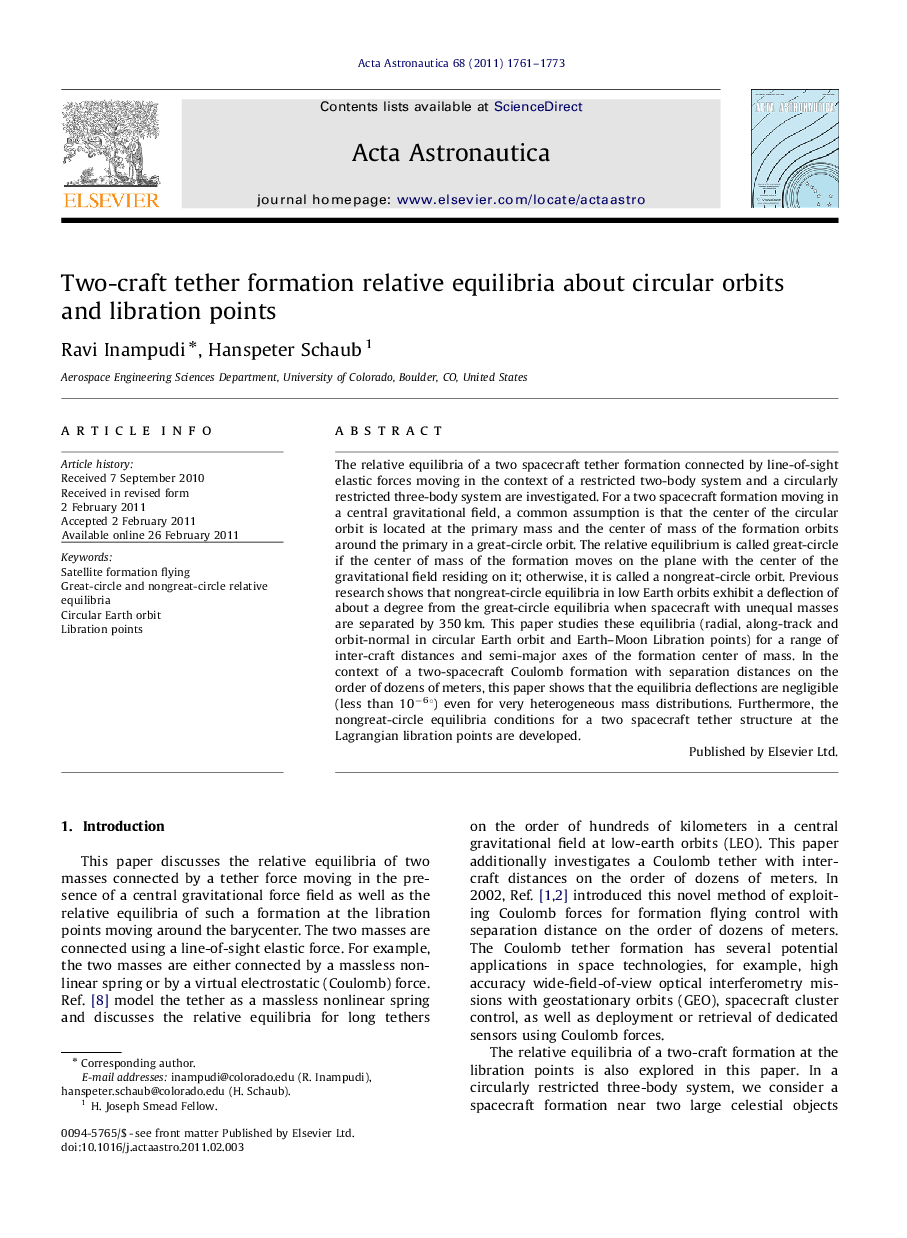 عکس صفحه اول مقاله: Two-craft tether formation relative equilibria about circular orbits and libration points Two-craft tether formation relative equilibria about circular orbits and libration points