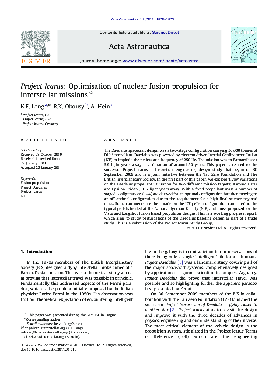عکس صفحه اول مقاله: Project Icarus: Optimisation of nuclear fusion propulsion for interstellar missions Project Icarus: Optimisation of nuclear fusion propulsion for interstellar missions
