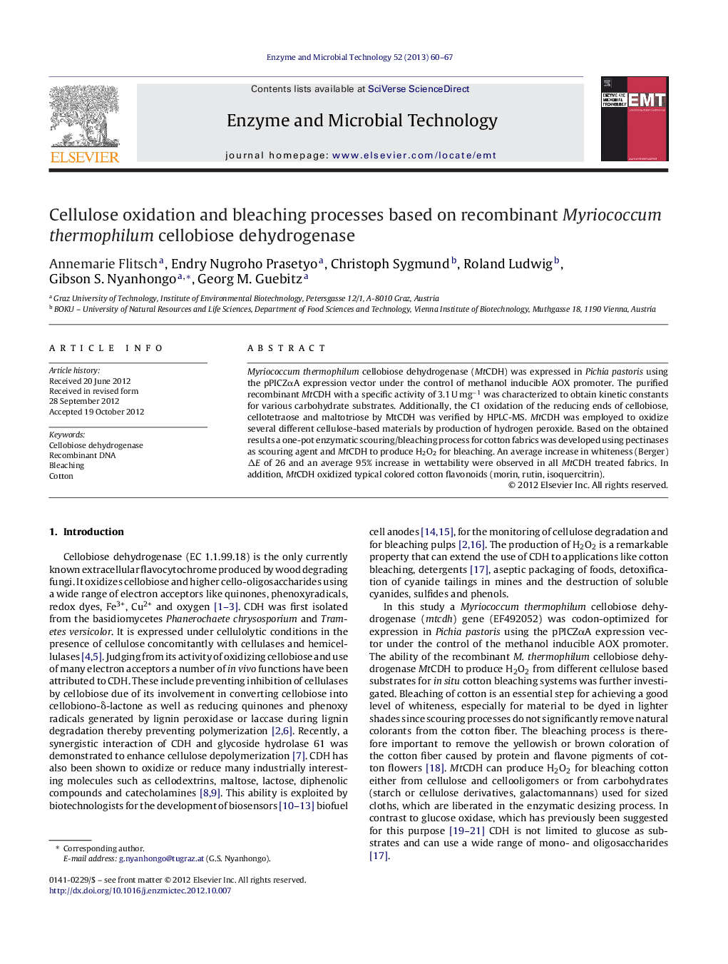 Cellulose oxidation and bleaching processes based on recombinant Myriococcum thermophilum cellobiose dehydrogenase