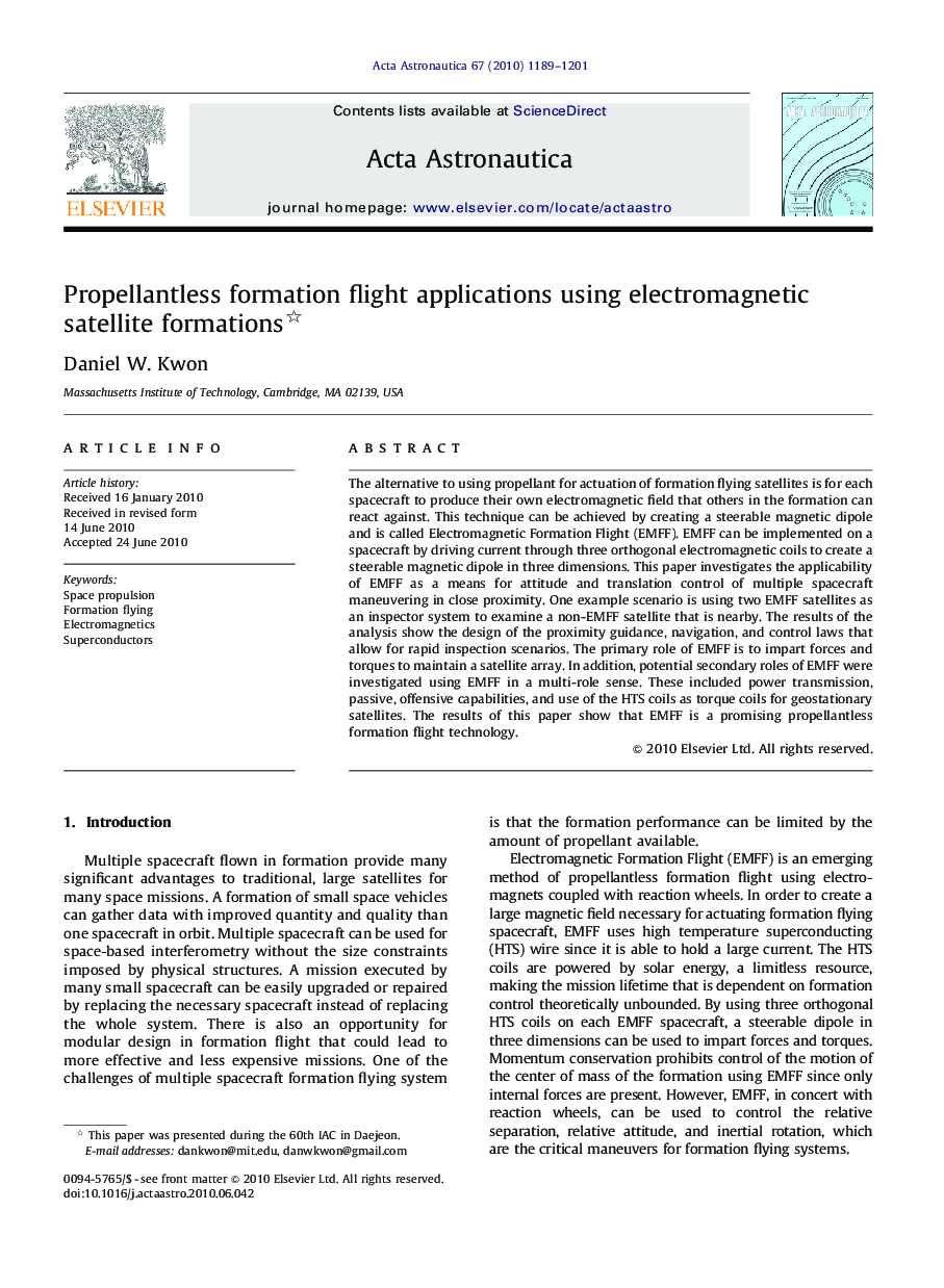 Propellantless formation flight applications using electromagnetic satellite formations 