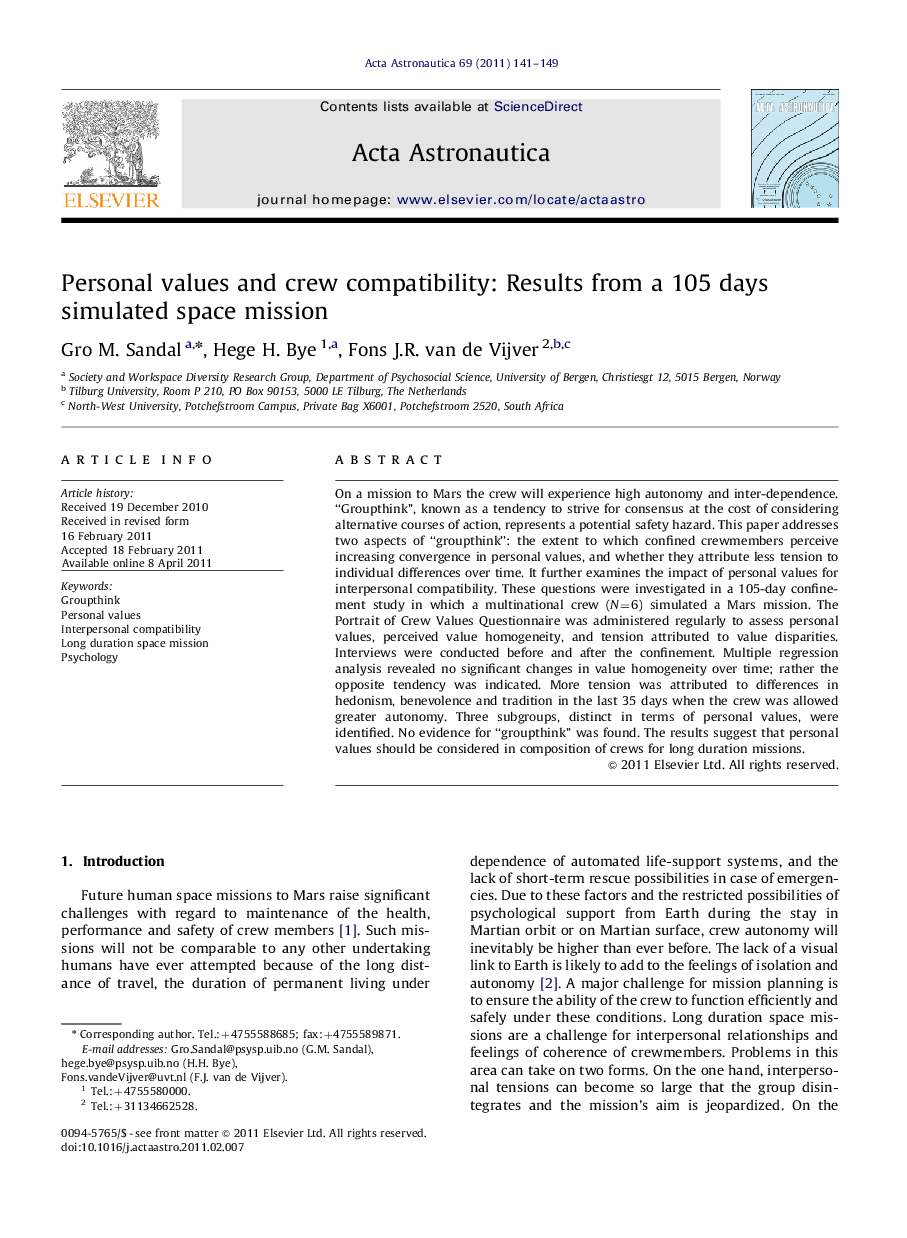 Personal values and crew compatibility: Results from a 105 days simulated space mission