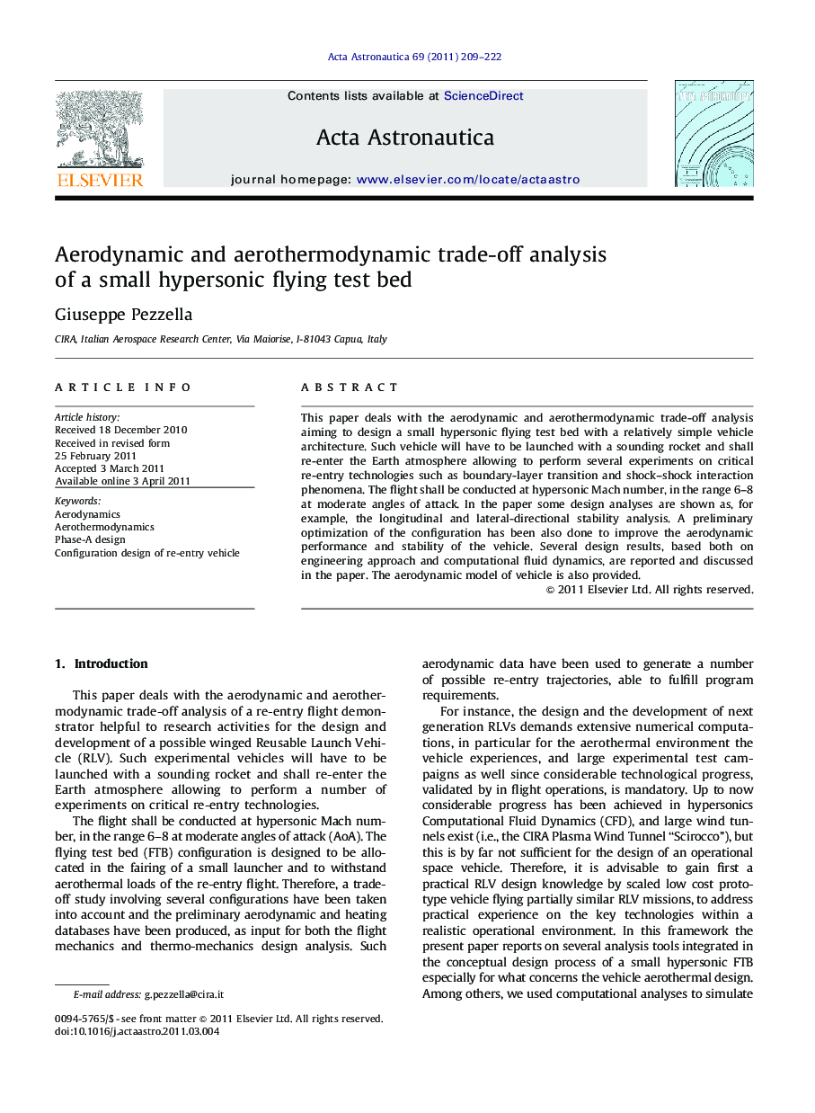 عکس صفحه اول مقاله: Aerodynamic and aerothermodynamic trade-off analysis of a small hypersonic flying test bed Aerodynamic and aerothermodynamic trade-off analysis of a small hypersonic flying test bed
