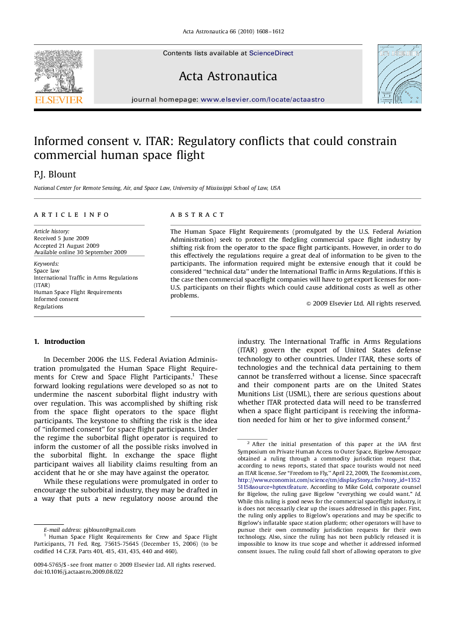 عکس صفحه اول مقاله: Informed consent v. ITAR: Regulatory conflicts that could constrain commercial human space flight Informed consent v. ITAR: Regulatory conflicts that could constrain commercial human space flight