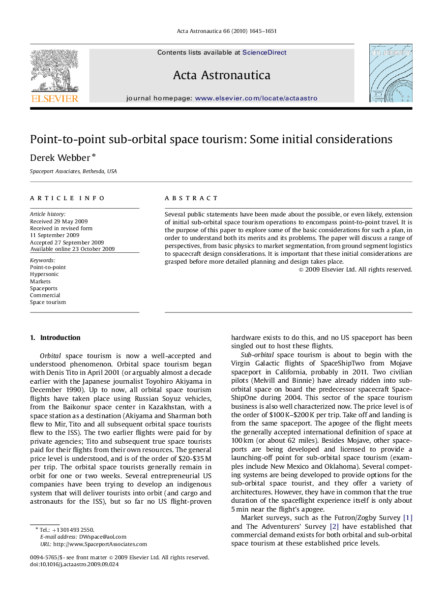 عکس صفحه اول مقاله: Point-to-point sub-orbital space tourism: Some initial considerations Point-to-point sub-orbital space tourism: Some initial considerations