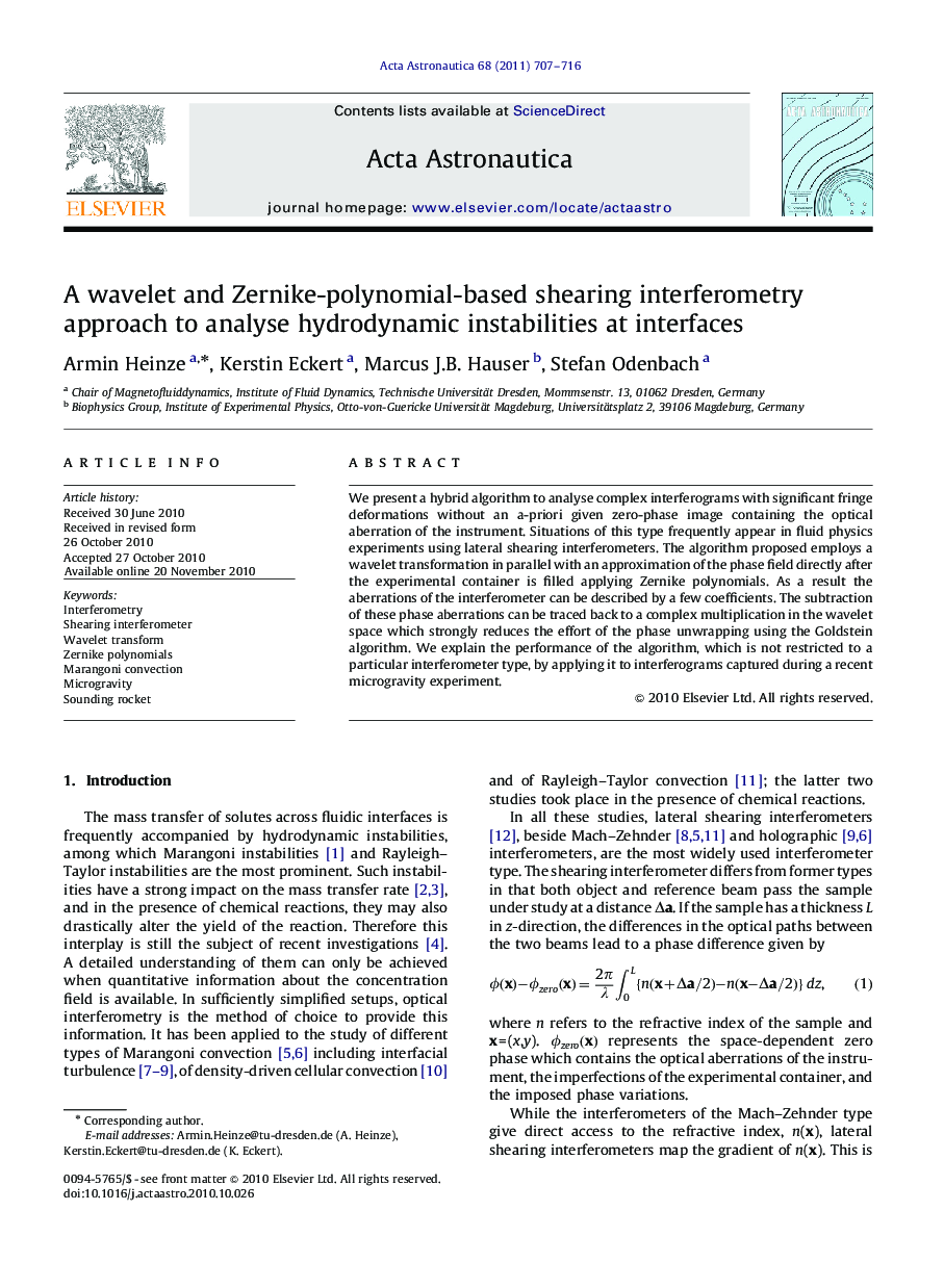 A wavelet and Zernike-polynomial-based shearing interferometry approach to analyse hydrodynamic instabilities at interfaces