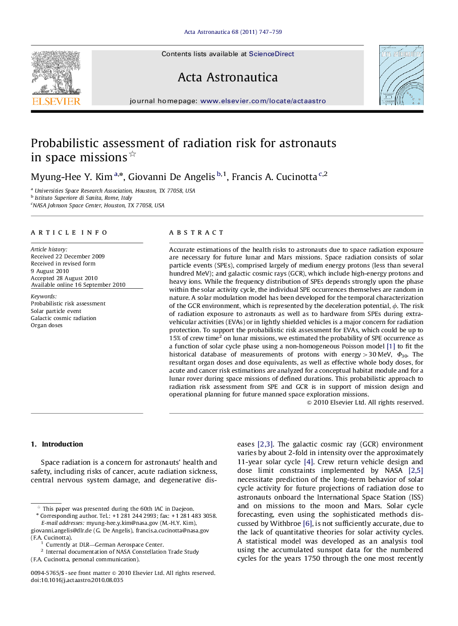 Probabilistic assessment of radiation risk for astronauts in space missions 