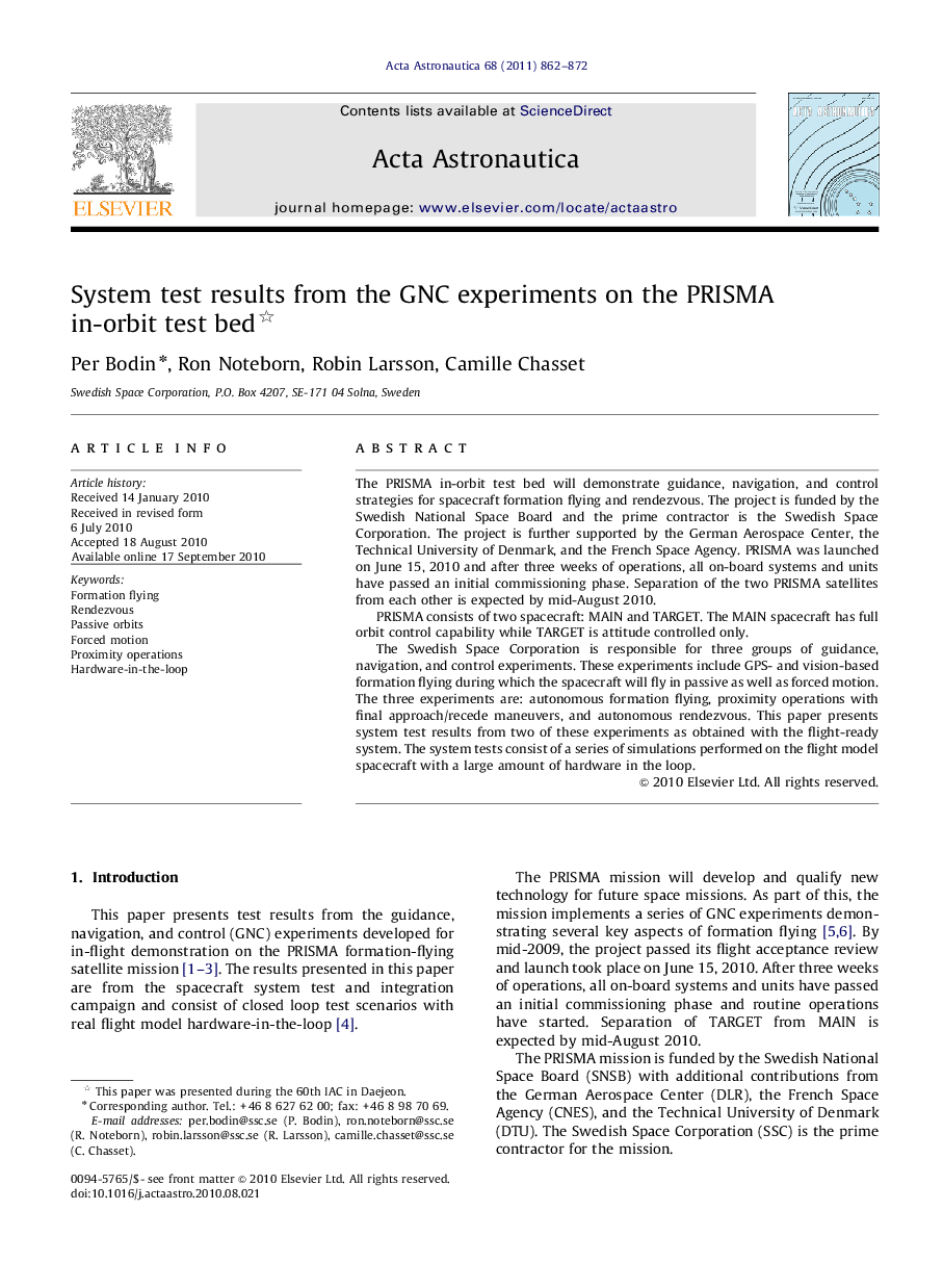 System test results from the GNC experiments on the PRISMA in-orbit test bed 