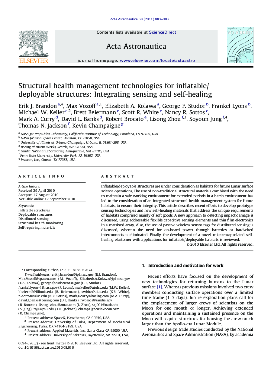 Structural health management technologies for inflatable/deployable structures: Integrating sensing and self-healing