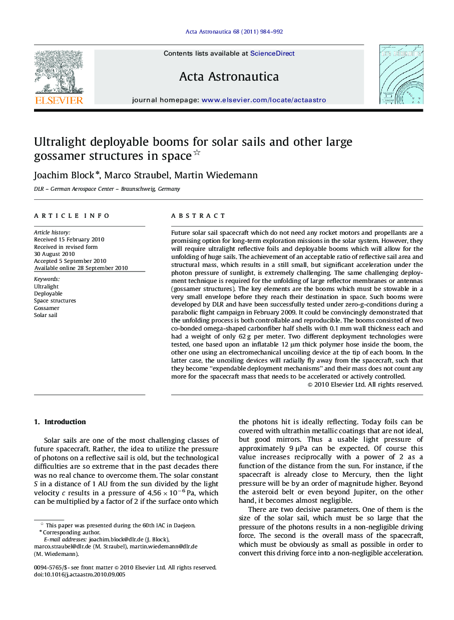 Ultralight deployable booms for solar sails and other large gossamer structures in space 