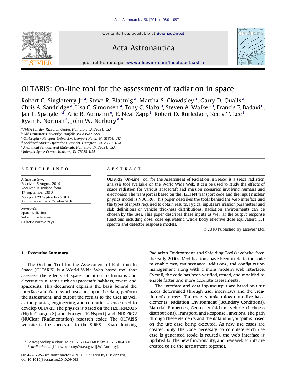 OLTARIS: On-line tool for the assessment of radiation in space