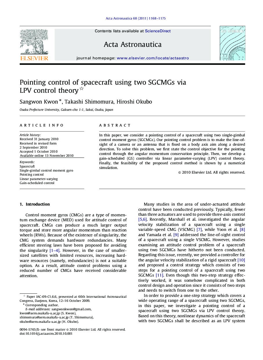 Pointing control of spacecraft using two SGCMGs via LPV control theory 