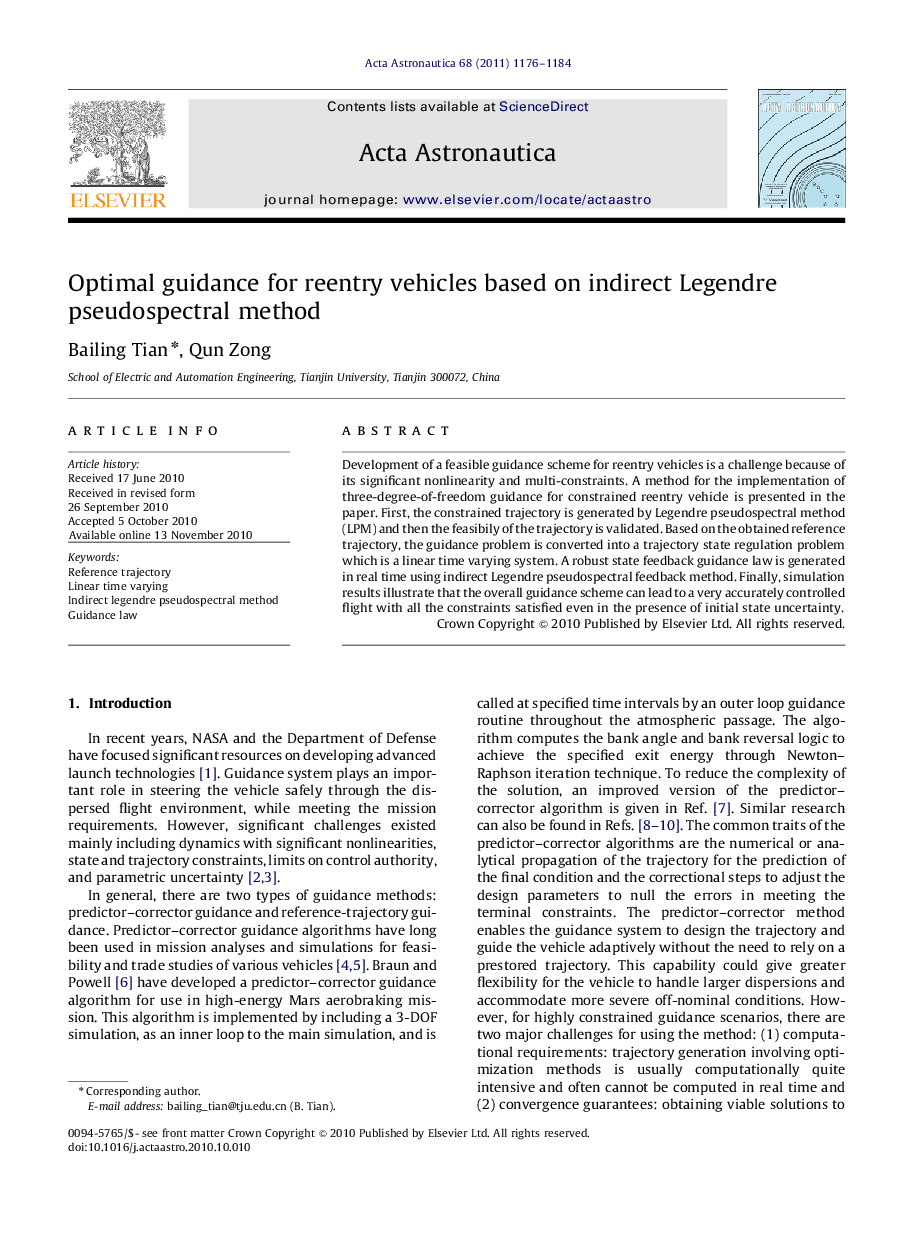 Optimal guidance for reentry vehicles based on indirect Legendre pseudospectral method