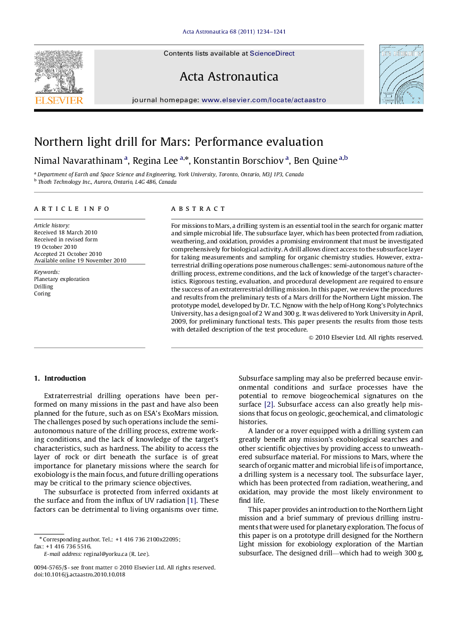 Northern light drill for Mars: Performance evaluation