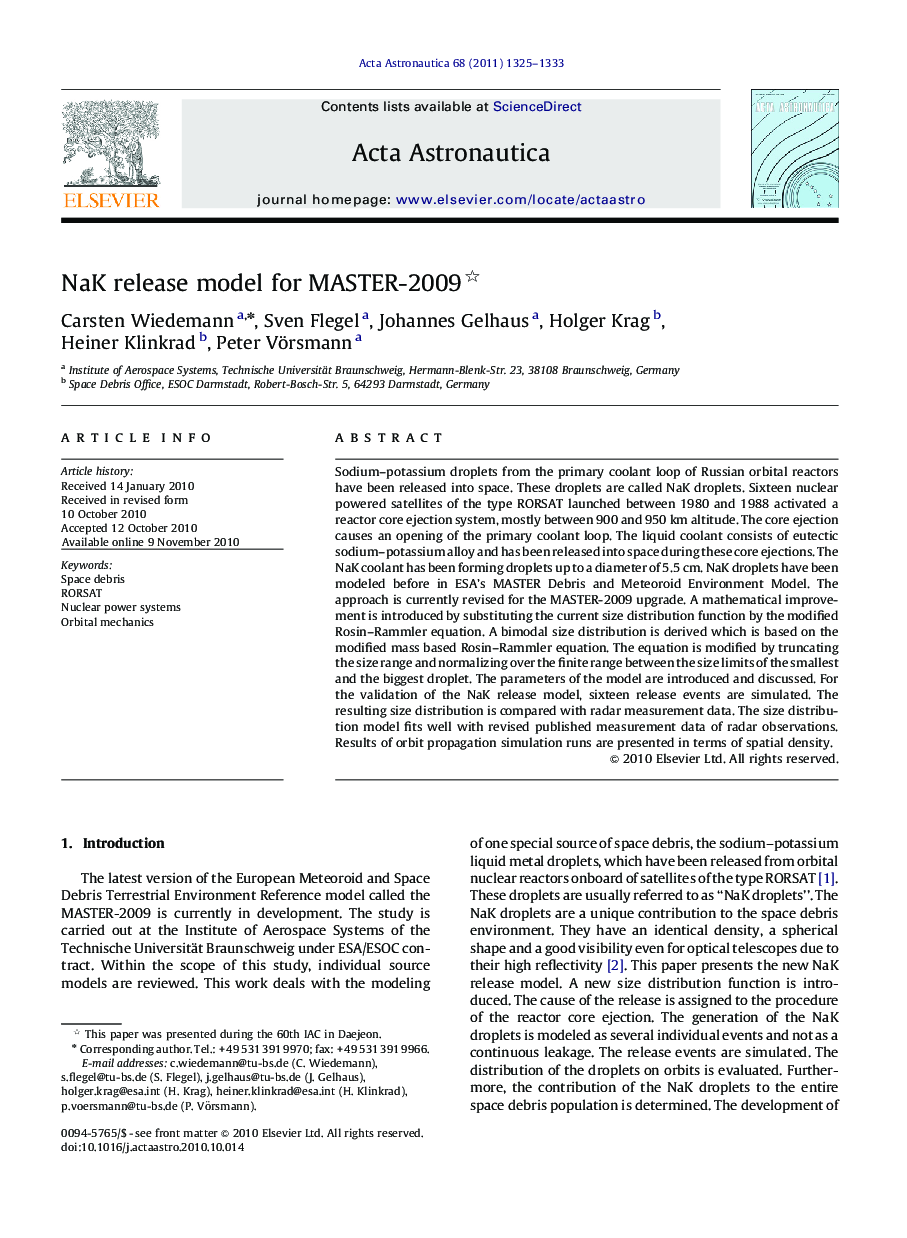 عکس صفحه اول مقاله: NaK release model for MASTER-2009 NaK release model for MASTER-2009