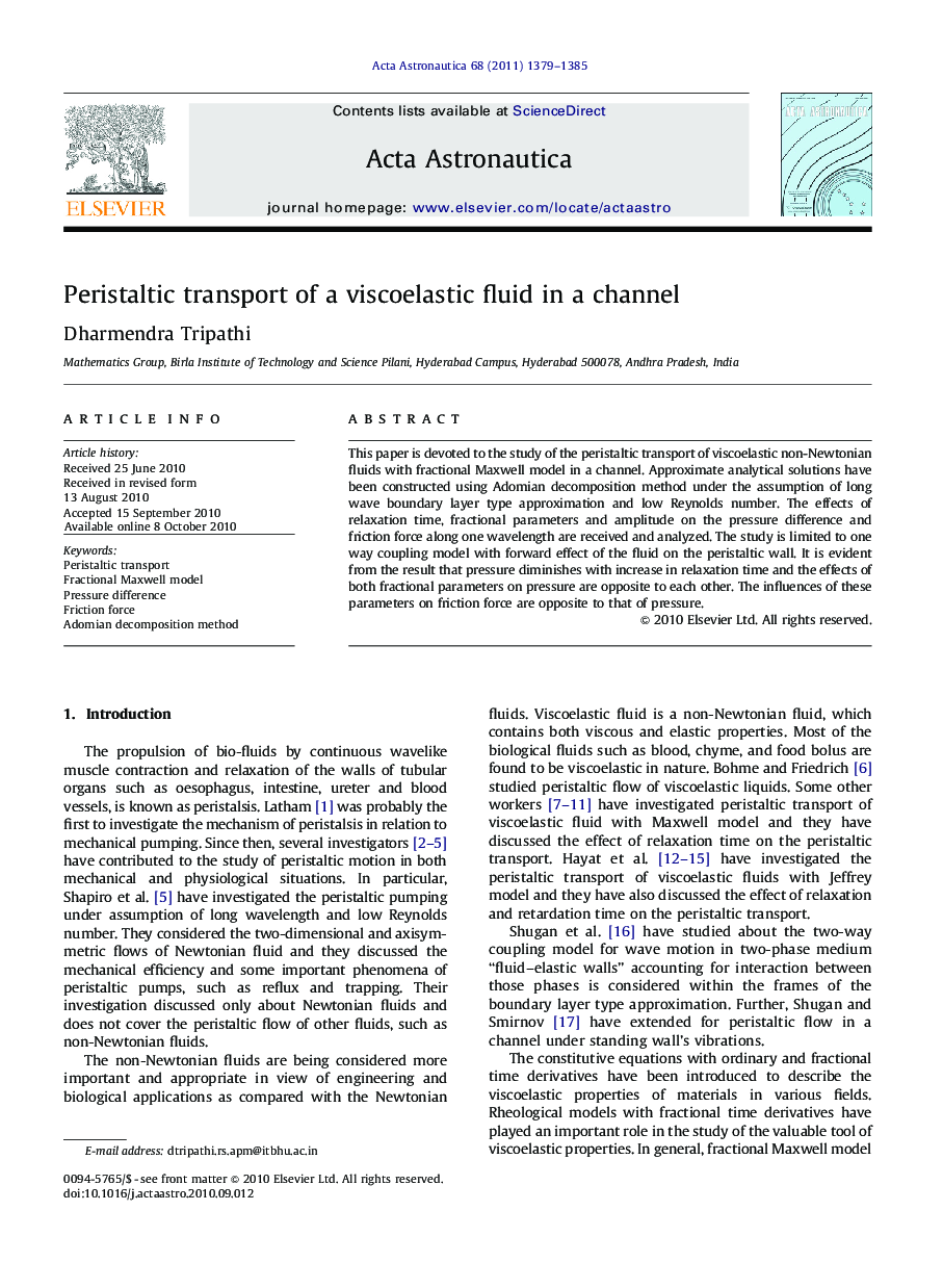 عکس صفحه اول مقاله: Peristaltic transport of a viscoelastic fluid in a channel Peristaltic transport of a viscoelastic fluid in a channel