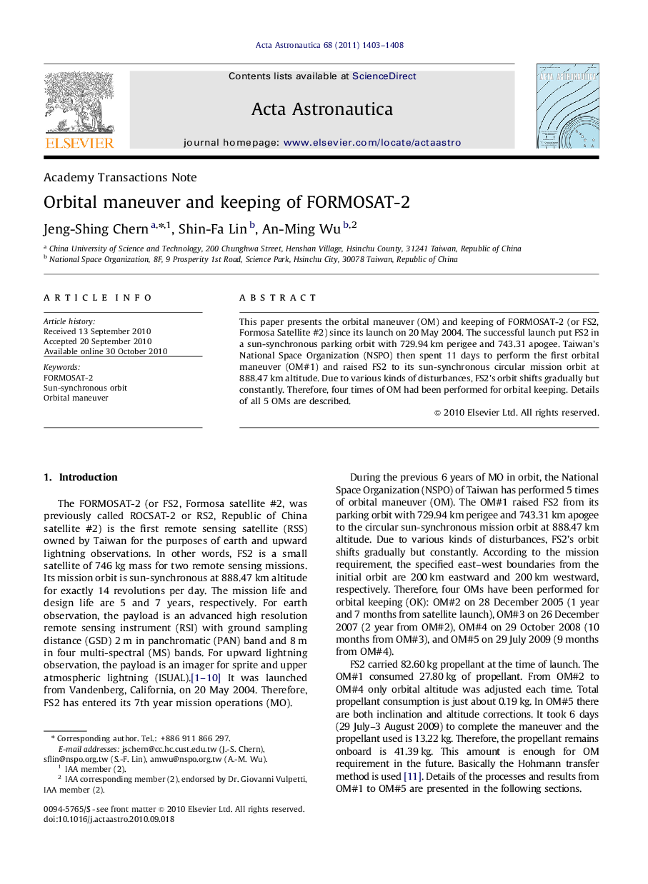 Orbital maneuver and keeping of FORMOSAT-2