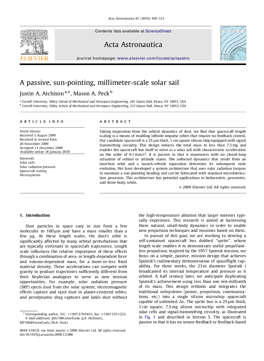 عکس صفحه اول مقاله: A passive, sun-pointing, millimeter-scale solar sail A passive, sun-pointing, millimeter-scale solar sail
