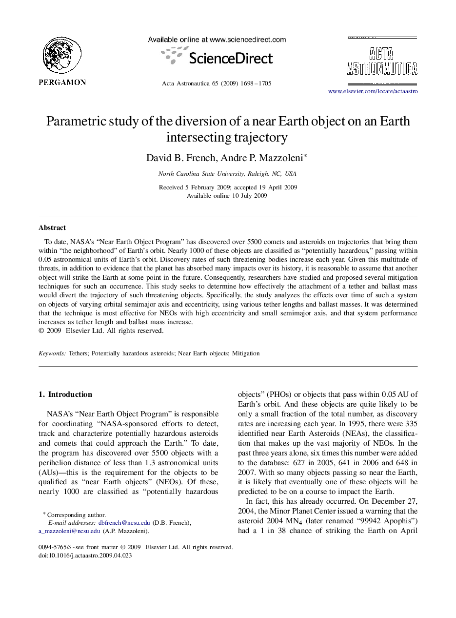 Parametric study of the diversion of a near Earth object on an Earth intersecting trajectory