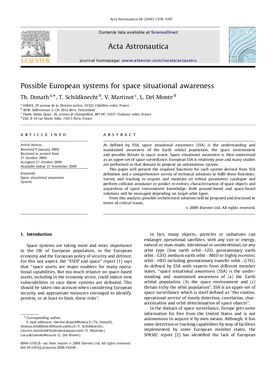 Possible European systems for space situational awareness