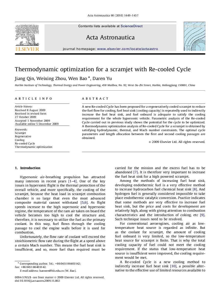 Thermodynamic optimization for a scramjet with Re-cooled Cycle