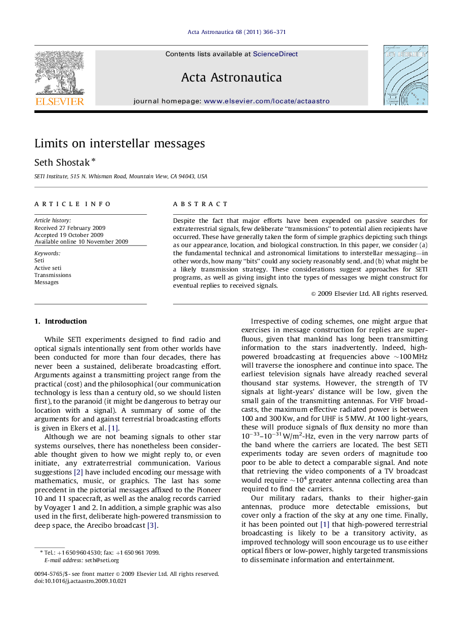 عکس صفحه اول مقاله: Limits on interstellar messages Limits on interstellar messages