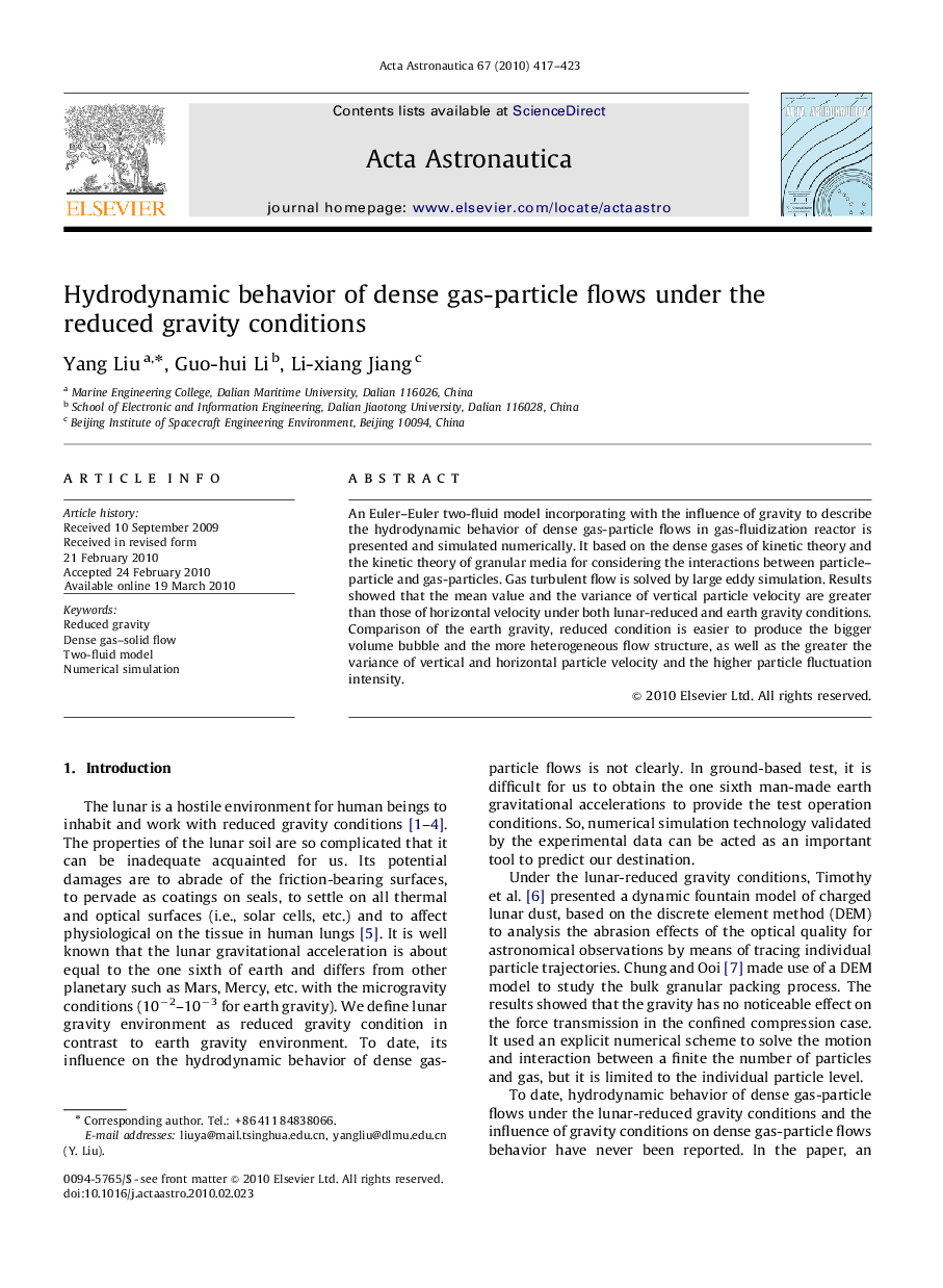 عکس صفحه اول مقاله: Hydrodynamic behavior of dense gas-particle flows under the reduced gravity conditions Hydrodynamic behavior of dense gas-particle flows under the reduced gravity conditions