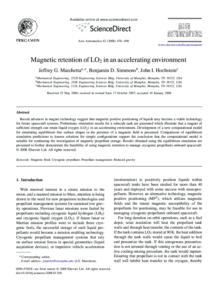 Magnetic retention of LO2 in an accelerating environment