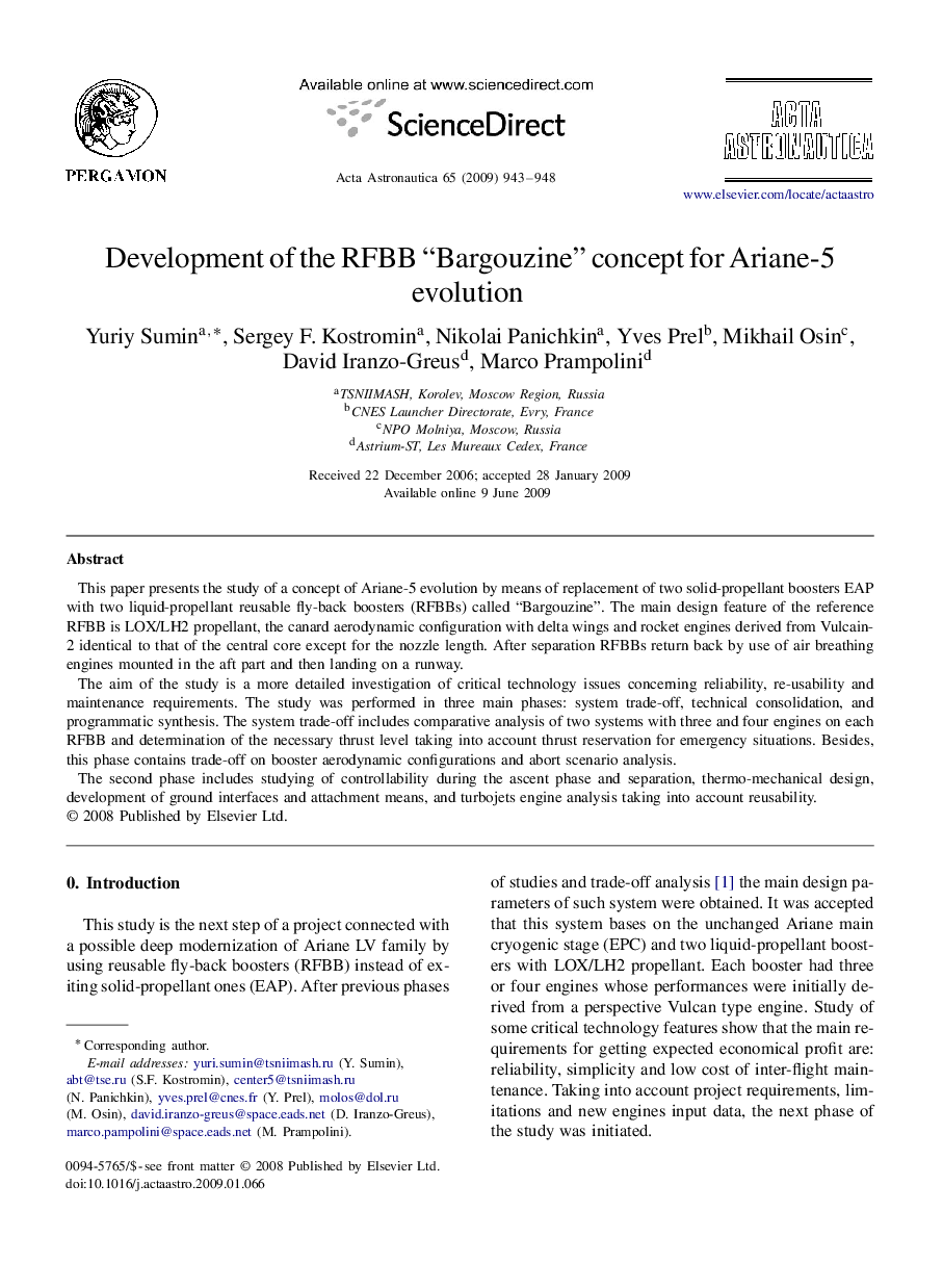 عکس صفحه اول مقاله: Development of the RFBB “Bargouzine” concept for Ariane-5 evolution Development of the RFBB “Bargouzine” concept for Ariane-5 evolution