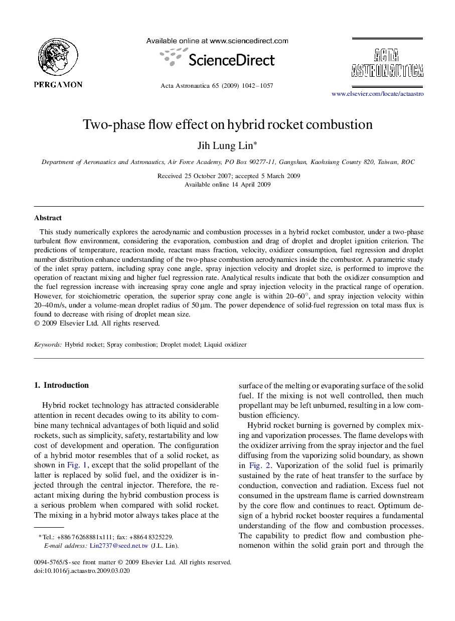 عکس صفحه اول مقاله: Two-phase flow effect on hybrid rocket combustion Two-phase flow effect on hybrid rocket combustion