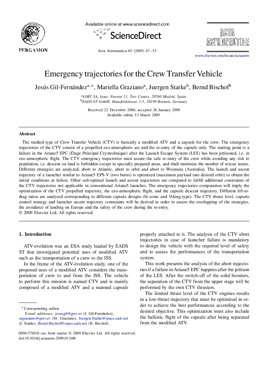 عکس صفحه اول مقاله: Emergency trajectories for the Crew Transfer Vehicle Emergency trajectories for the Crew Transfer Vehicle
