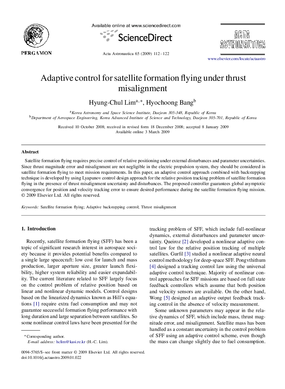عکس صفحه اول مقاله: Adaptive control for satellite formation flying under thrust misalignment Adaptive control for satellite formation flying under thrust misalignment