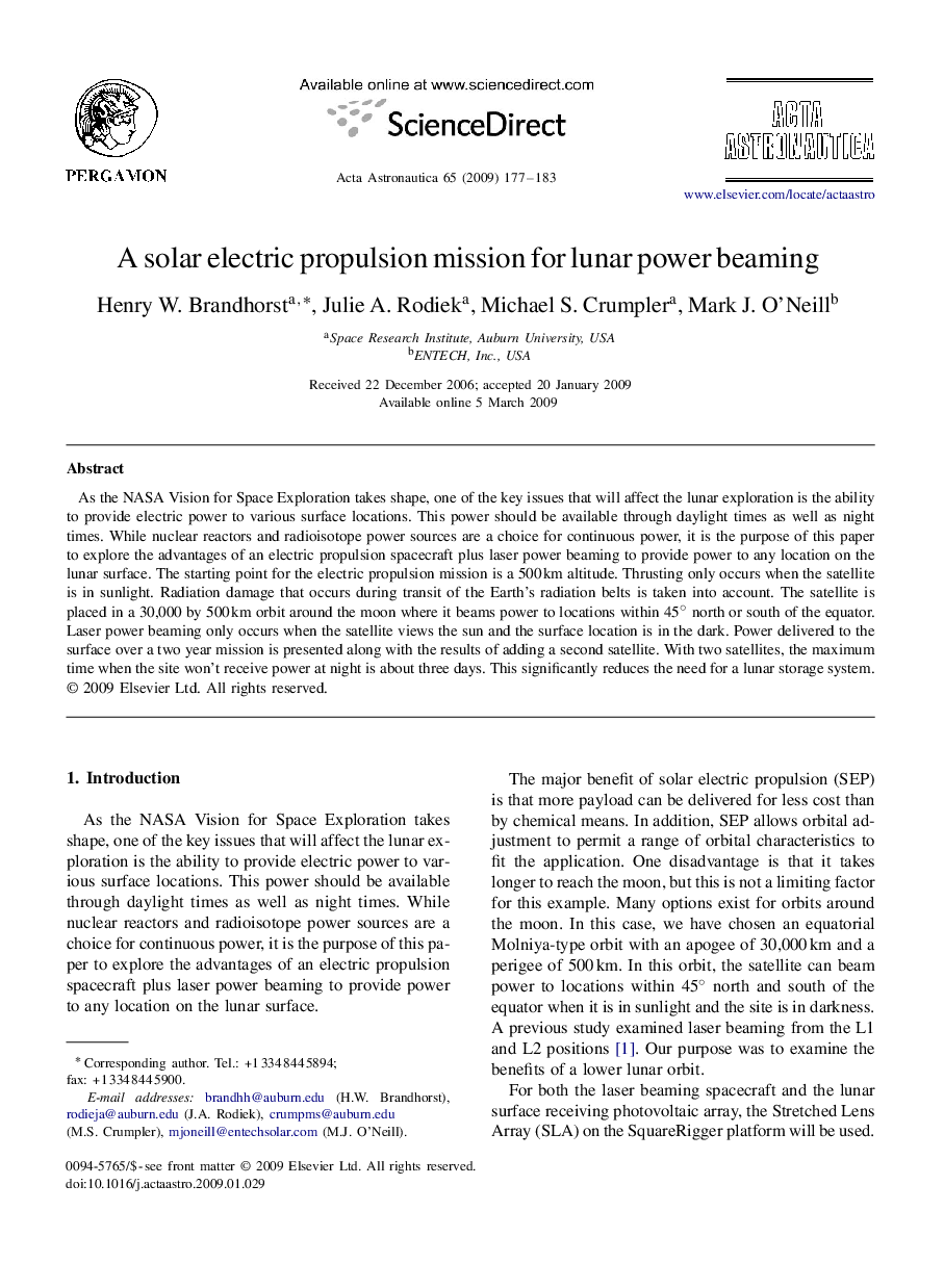 عکس صفحه اول مقاله: A solar electric propulsion mission for lunar power beaming A solar electric propulsion mission for lunar power beaming