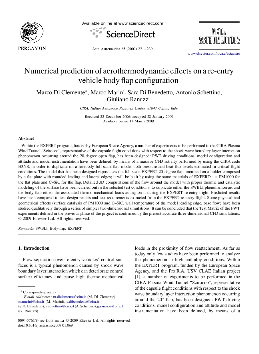 عکس صفحه اول مقاله: Numerical prediction of aerothermodynamic effects on a re-entry vehicle body flap configuration Numerical prediction of aerothermodynamic effects on a re-entry vehicle body flap configuration