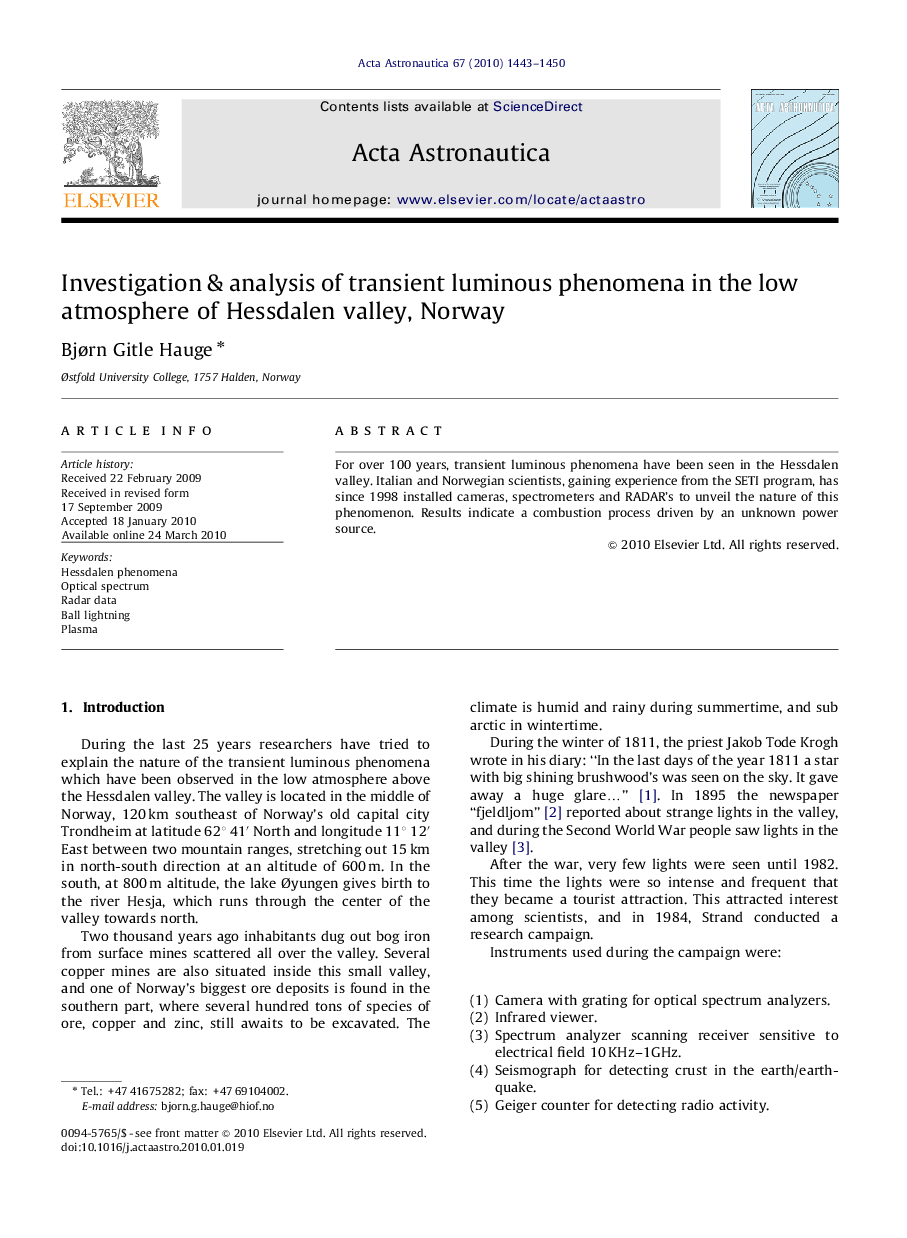 Investigation & analysis of transient luminous phenomena in the low atmosphere of Hessdalen valley, Norway