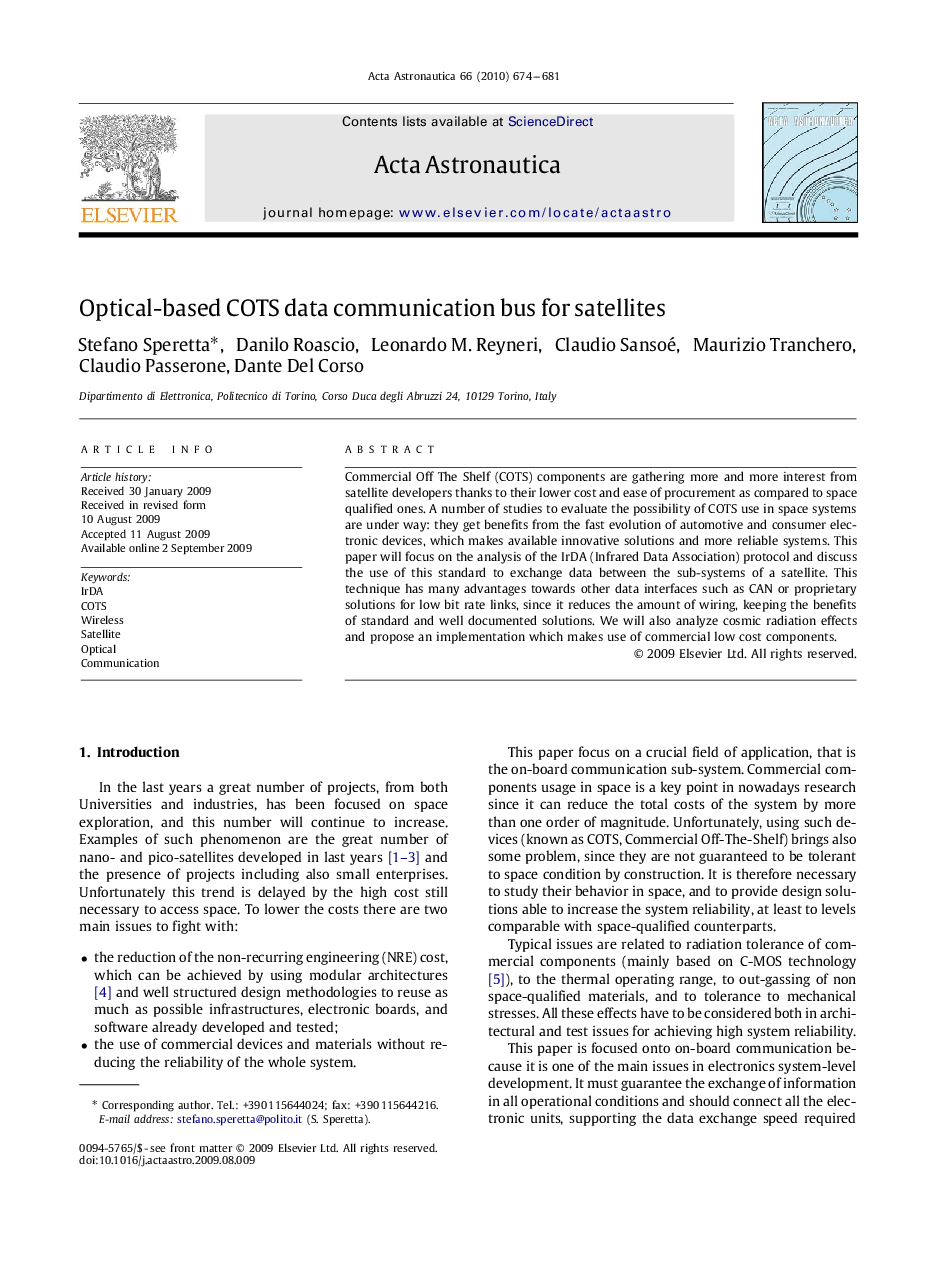 عکس صفحه اول مقاله: Optical-based COTS data communication bus for satellites Optical-based COTS data communication bus for satellites