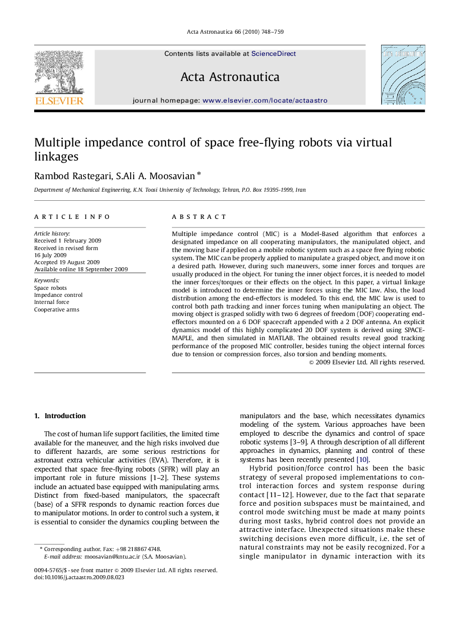 Multiple impedance control of space free-flying robots via virtual linkages