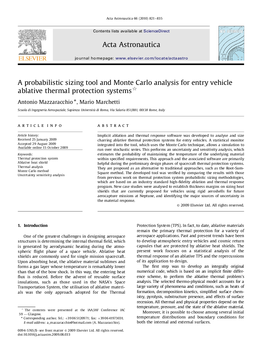 عکس صفحه اول مقاله: A probabilistic sizing tool and Monte Carlo analysis for entry vehicle ablative thermal protection systems A probabilistic sizing tool and Monte Carlo analysis for entry vehicle ablative thermal protection systems