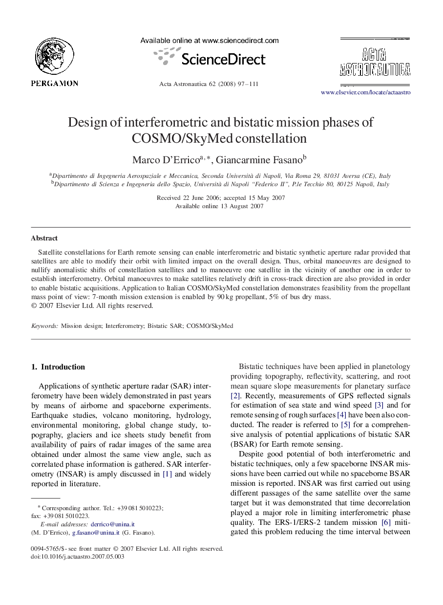 Design of interferometric and bistatic mission phases of COSMO/SkyMed constellation