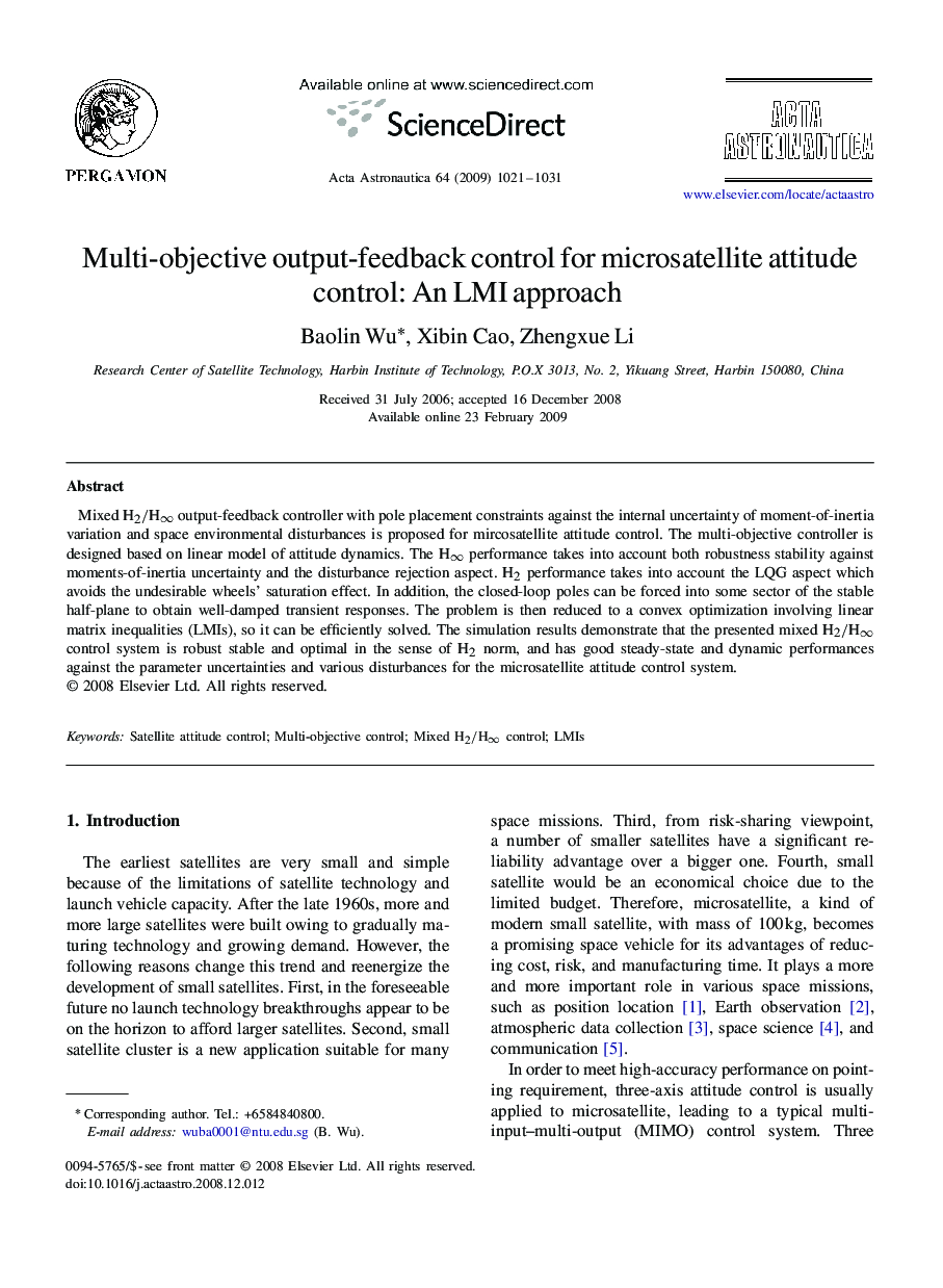 عکس صفحه اول مقاله: Multi-objective output-feedback control for microsatellite attitude control: An LMI approach Multi-objective output-feedback control for microsatellite attitude control: An LMI approach